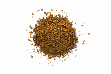 Pile of instant granulated coffee isolated on white background. Top view.