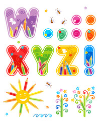 Alphabet set of letters W - Z with marks of punctuation and design elements. For school, preschool, kindergarten education. Spring or summer decorated.
