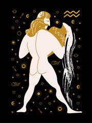 Horoscope and astrology. The zodiac sign Aquarius. Black and gold. Vector illustration in a flat style.