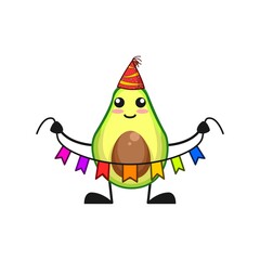 vector illustration of cute avocado fruit birthday or character holding color ribbon. cute avocado fruit Concept White Isolated. Flat Cartoon Style Suitable for Landing Page, Banner, Flyer, Sticker.