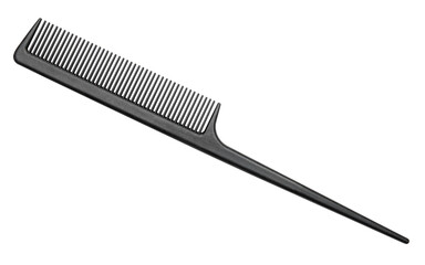 Comb with tail. Professional barber Rat Tail Comb for Hair. Comb with Thin and long handle on white background. Hairdresser salon equipment concept. Premium hairdressing accessories for haircut. - obrazy, fototapety, plakaty