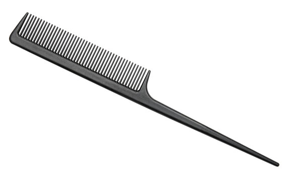 Comb With Tail. Professional Barber Rat Tail Comb For Hair. Comb With Thin And Long Handle On White Background. Hairdresser Salon Equipment Concept. Premium Hairdressing Accessories For Haircut.