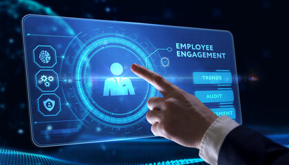 Business, Technology, Internet and network concept. Young businessman working on a virtual screen of the future and sees the inscription: Employee engagement