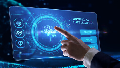 Artificial intelligence (AI), machine learning and modern computer technologies concepts. Business, Technology, Internet and network concept.