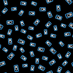 Line Online real estate house on smartphone icon isolated seamless pattern on black background. Home loan concept, rent, buy, buying a property. Vector.