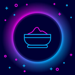 Glowing neon line Flour bowl icon isolated on black background. Baking Ingredients. Healthy organic food. Kitchen utensils cup. Dough cooking. Colorful outline concept. Vector.