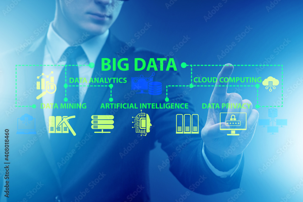 Poster big data concept with businessman pressing virtual button