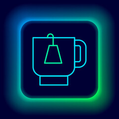 Glowing neon line Cup of tea with tea bag icon isolated on black background. Colorful outline concept. Vector.