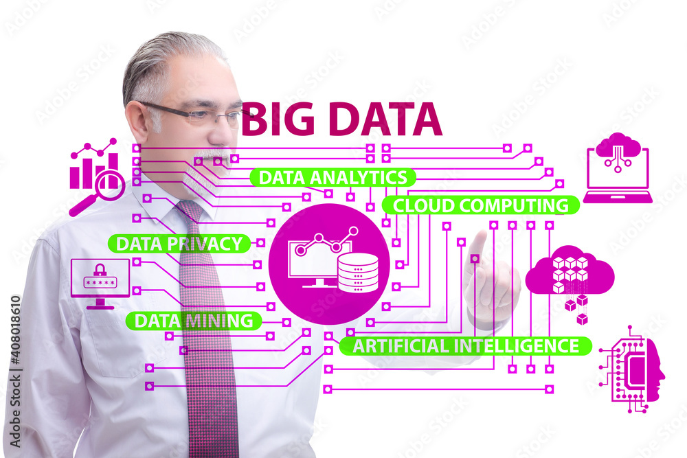 Poster big data concept with businessman pressing virtual button