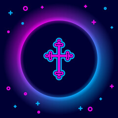Glowing neon line Christian cross icon isolated on black background. Church cross. Colorful outline concept. Vector.