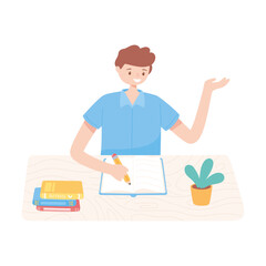 boy with pencil and textbooks reading and studying education