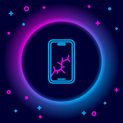 Glowing neon line Smartphone with broken screen icon isolated on black background. Shattered phone screen icon. Colorful outline concept. Vector.