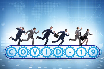 Obraz premium Concept of conveyor belt with covid-19 and businessman
