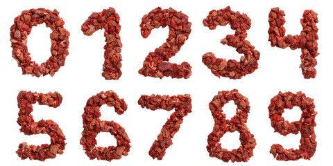 Arabic numerals  from cuts of beef on a white isolated background.