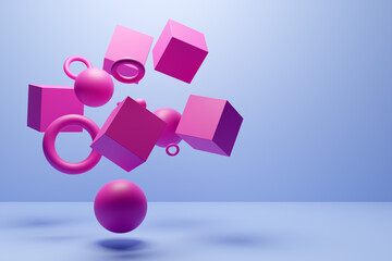 Close-up 3d pink and blue  illustration. Different geometric shapes: cube, cylinder, sphere are placed at the same distance. Simple geometric shapes flying