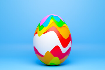 3d illustration of a hen's egg painted in colorful colors in the form of waves. Easter eggs