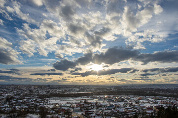 Panorama of a winter European city in the haze