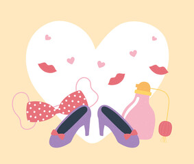 female shoes lips and perfume love and romance in cartoon style
