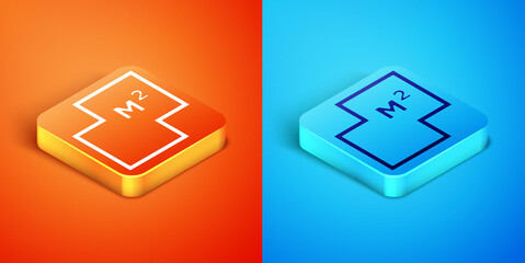 Isometric House plan icon isolated on orange and blue background. Vector.