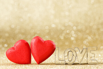 Wooden hearts and word love