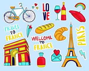 Colorful Hand drawn france element stickers collection