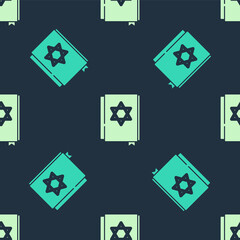 Green and beige Jewish torah book icon isolated seamless pattern on blue background. Pentateuch of Moses. On the cover of the Bible is the image of the Star of David. Vector.