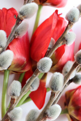 Easter greeting card. willow twigs, spring flowers and Easter eggs. space for congratulation text. flat lay © Palanga