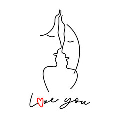 Silhouettes of man and woman faces. Line art faces. The invitation to the wedding. Valentine's day greeting card. love you.