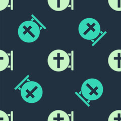 Green and beige Christian cross icon isolated seamless pattern on blue background. Church cross. Vector.