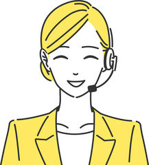 笑顔のヘッドセットを身につけたスーツ姿の女性のイラスト シンプルタッチ