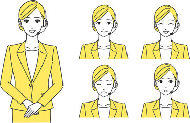ヘッドセットを身につけたスーツ姿の女性のイラスト シンプルタッチ
