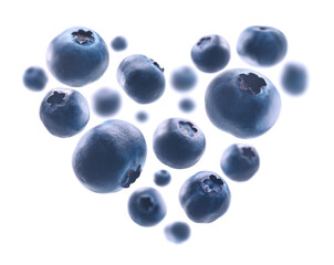 Ripe blueberries in the shape of a heart on a white background