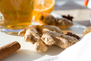 Autumn hot tea with lemon and spices