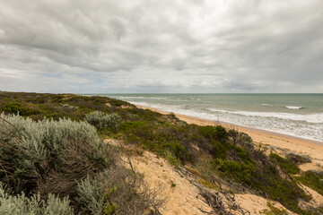 Fototapeta na wymiar Coastal view including dunes looking south Binningup, Western Australia