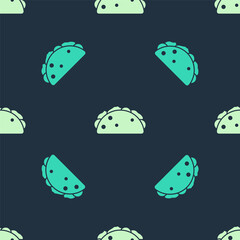 Green and beige Taco with tortilla icon isolated seamless pattern on blue background. Traditional mexican fast food menu. Vector.