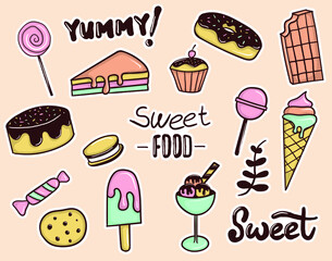 Colorful Hand drawn Sweet Food stickers collection