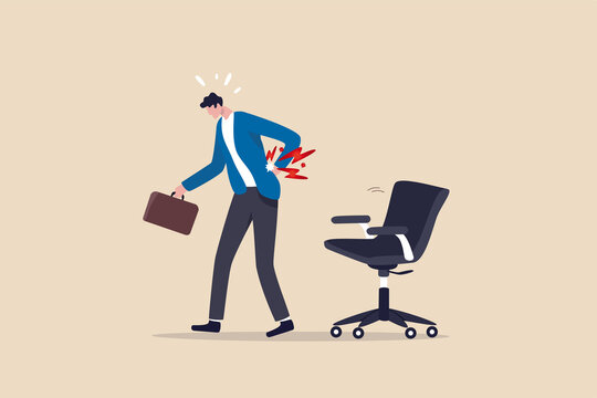 Office syndrome back pain, sitting and work too long causing back ache or inflammation of neck, shoulder and back muscles concept, painful office worker holding his back pain with office chair.