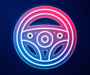 Glowing neon line Steering wheel icon isolated on blue background. Car wheel icon. Vector.
