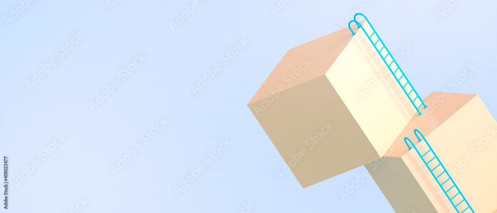 Poster idea creative minimal with square yellow geometric shape and blue stair collaboration concept for di