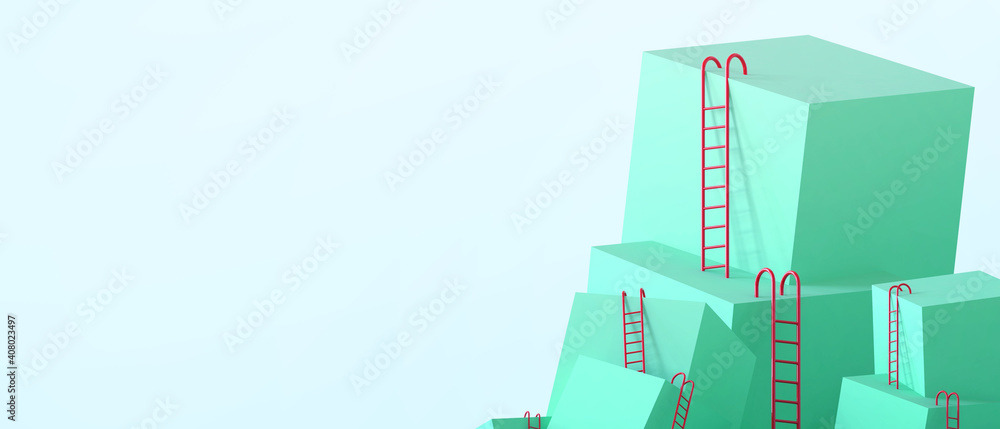 Poster idea creative efforts concept and square geometric shape green minimal with red stair for display ba