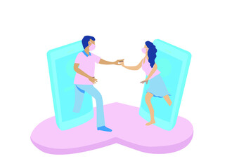 New normal Valentines day, couples wearing white mask communicate with each other through internet on mobile application during pandamic covid-19