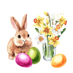 Happy Easter card with cute small rabbit, colored eggs and Bouquet of spring flowers narcissus. Hand drawn watercolor illustration isolated on white background