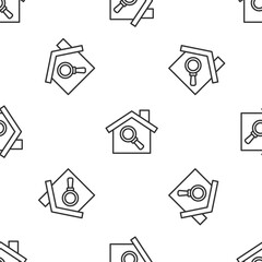 Grey line Search house icon isolated seamless pattern on white background. Real estate symbol of a house under magnifying glass. Vector.