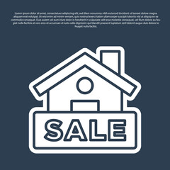 Blue line Hanging sign with text Sale icon isolated on blue background. Signboard with text Sale. Vector.