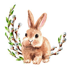 Wreath with spring flowers and little rabbit, Hand drawn watercolor illustration isolated on white background