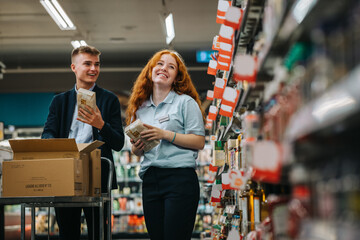Obraz na płótnie Canvas Supermarket workers restocking the shelves