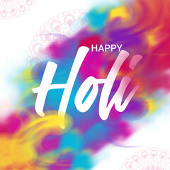 Happy Holi spring festival of colors greeting vector background with realistic volumetric colorful Holi.