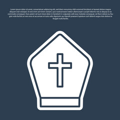Obraz premium Blue line Pope hat icon isolated on blue background. Christian hat sign. Vector.