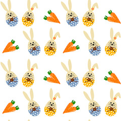 Pattern with cartoon Easter bunnies and flowers. Vector illustration isolated on white background. For use in decor, fabric, scrapbooking and gift wrapping.