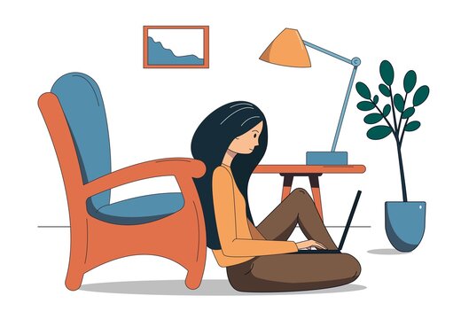 Girl Sitting On The Floor Works At A Laptop At Home.Vector Female Character Illustration.